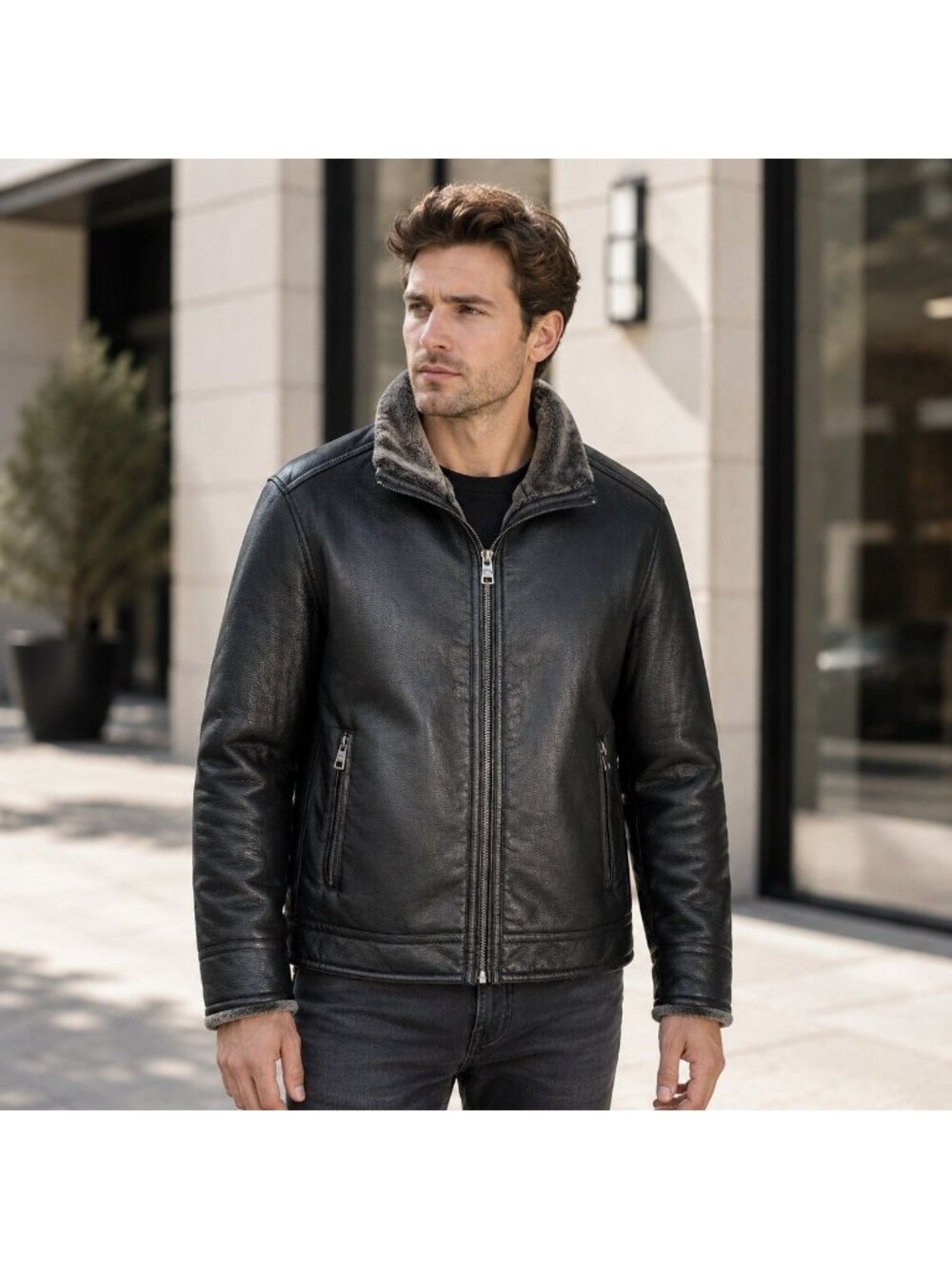 Calvin Klein Mens Large Black Faux Leather Sherpa Lined Moto Jacket EUC